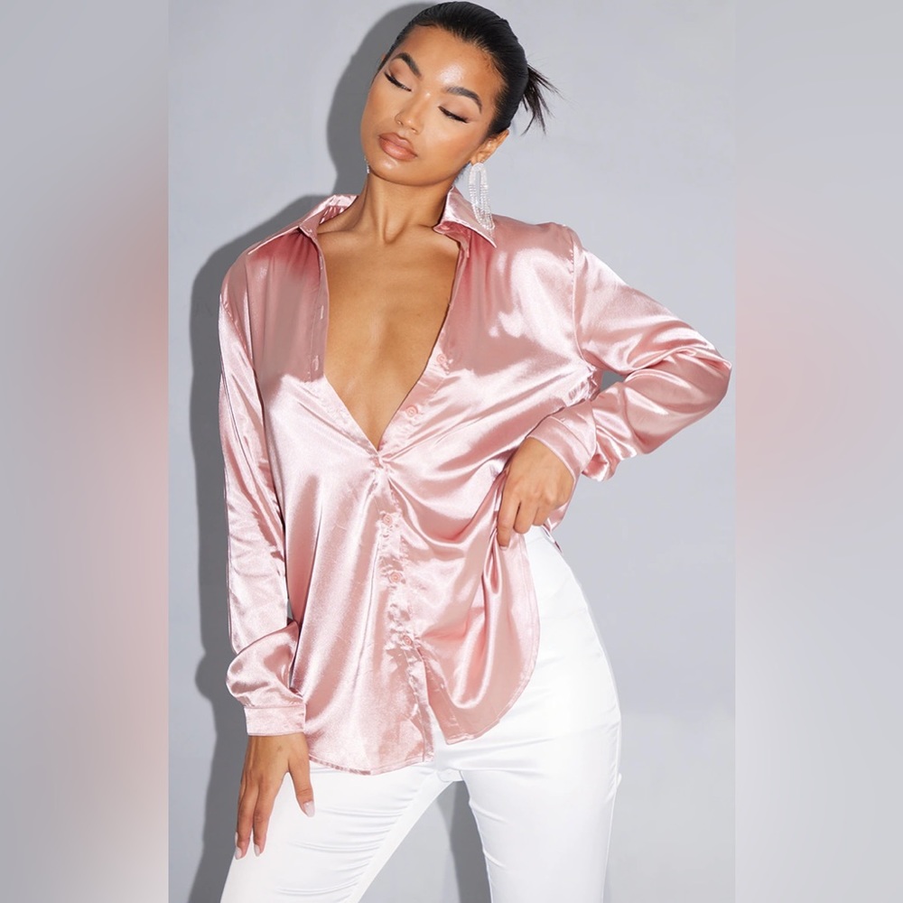 Kendall and Kylie Pink Satin Button Down Blouse